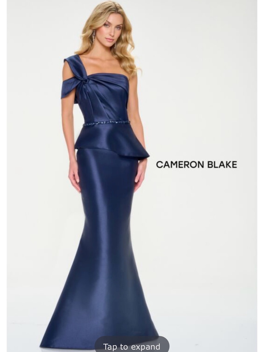 Cameron Blake Navy One-Shoulder Peplum Gown.